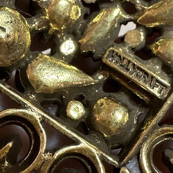 VTG Hollycraft Brooch‎ Pin 1 5/8" Gold Plated Black Rhinestones Signed MCM USA - Picture 3 of 6